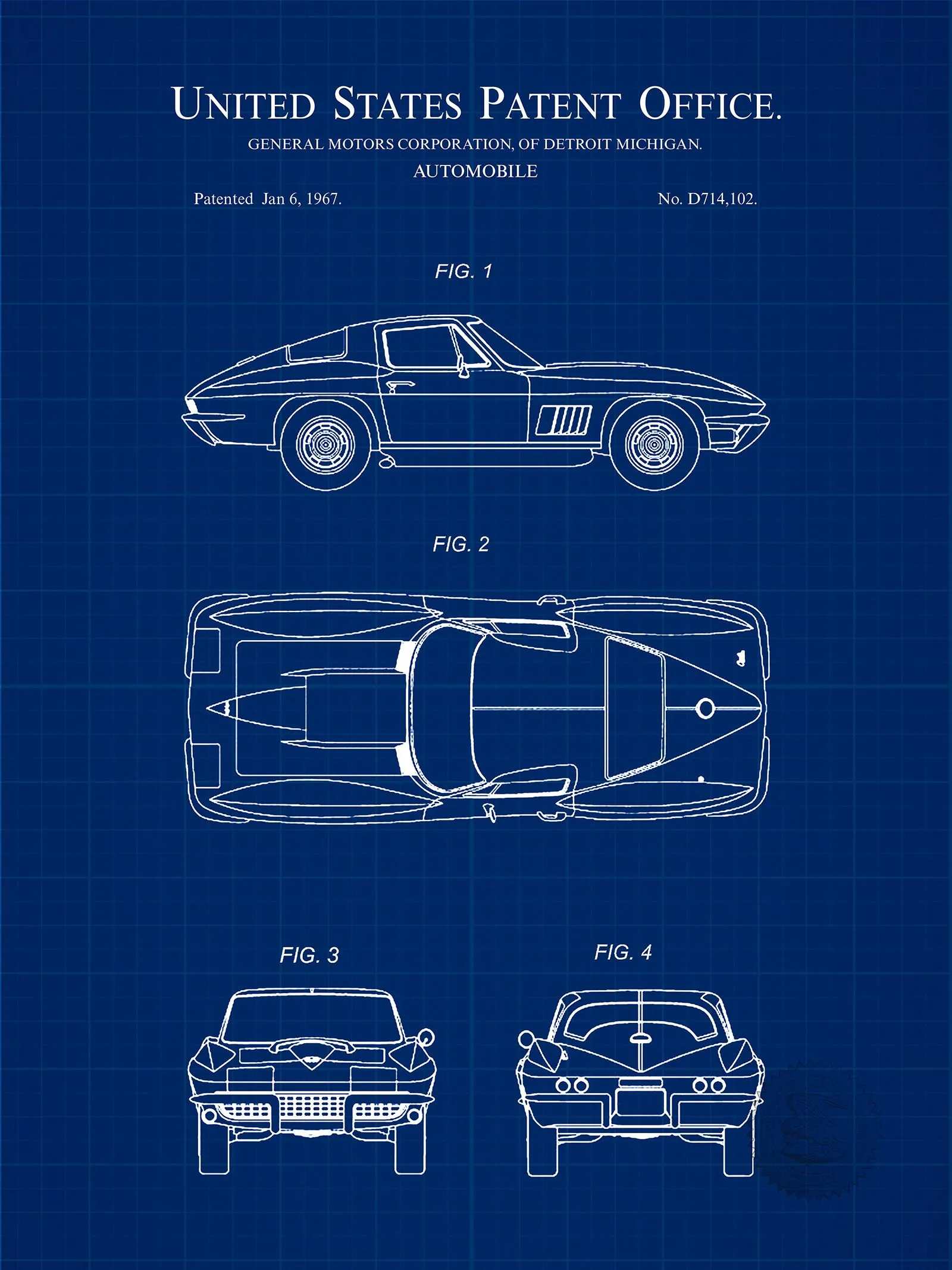 1967 Corvette United States Automobile Patent Sketch Drawing